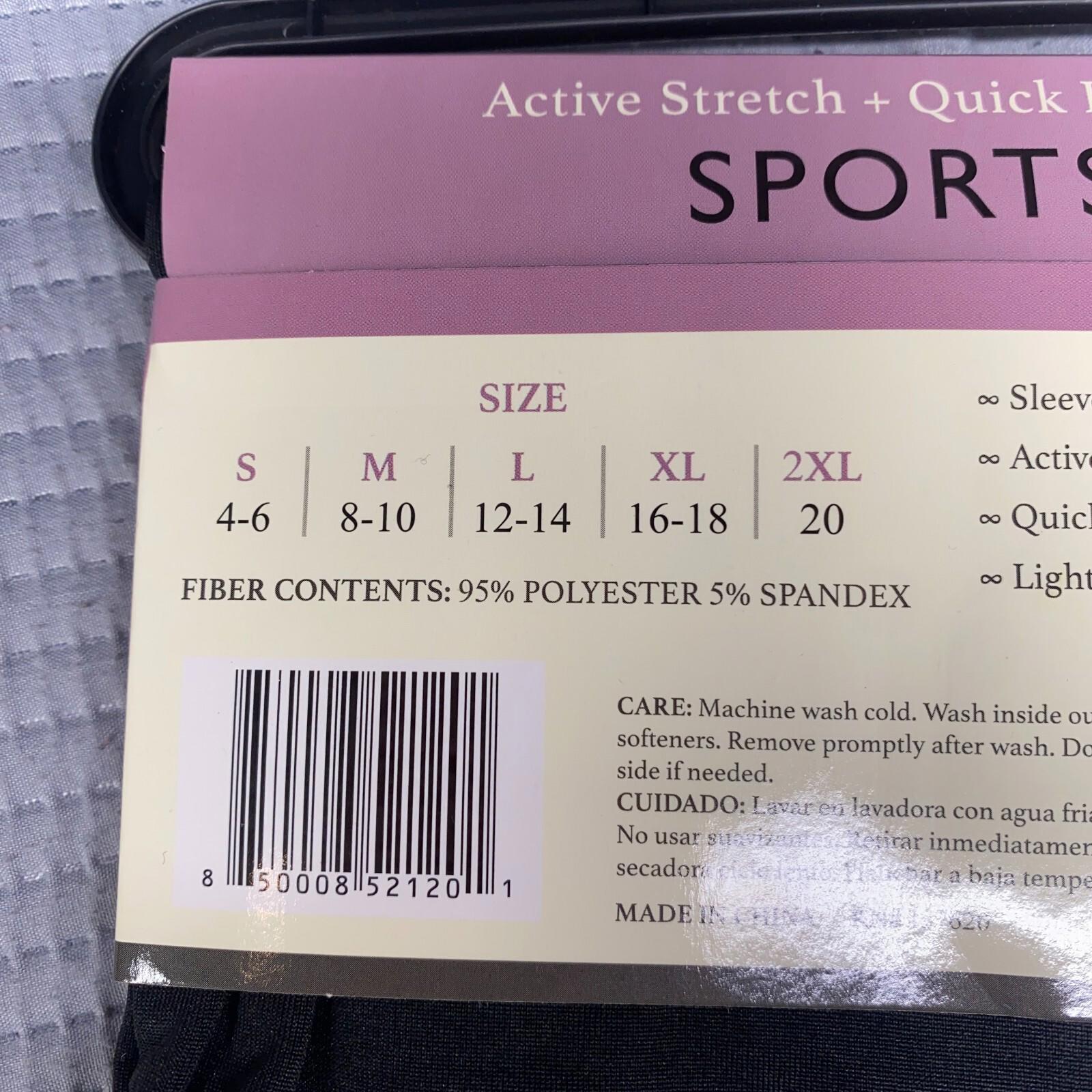 Active Stretch Quick Dry Sportswear tag showing size options and fabric content.