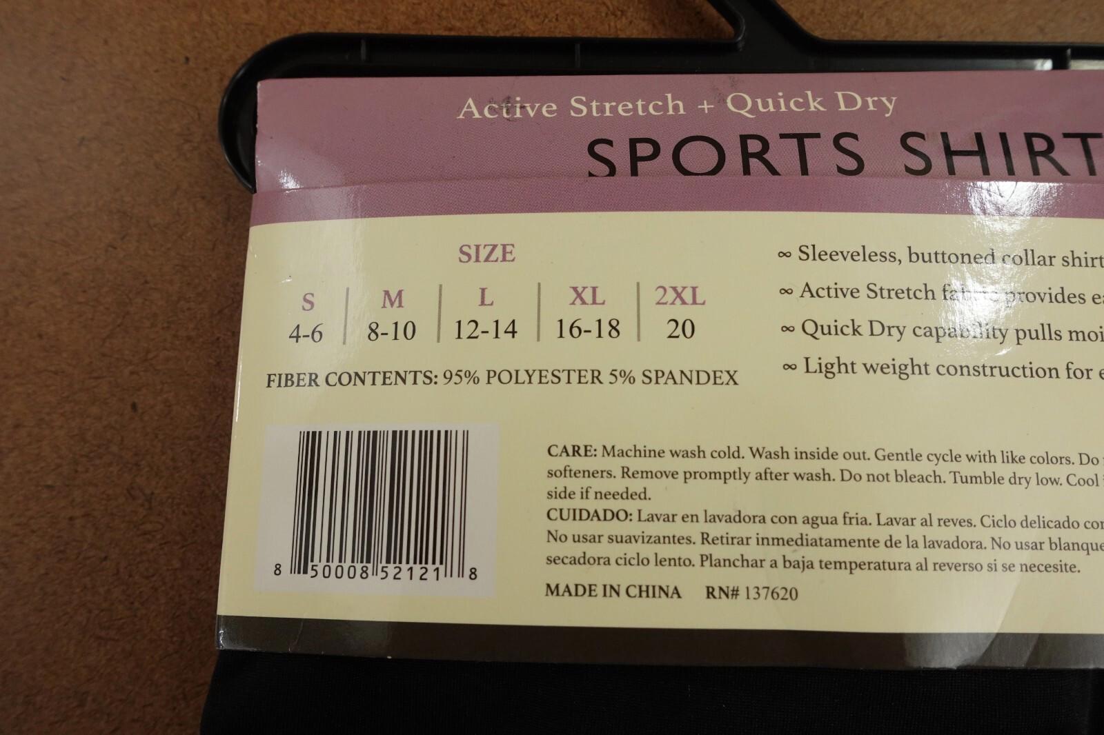 Sports shirt size chart showing sizes from S to 2XL with fiber content details.