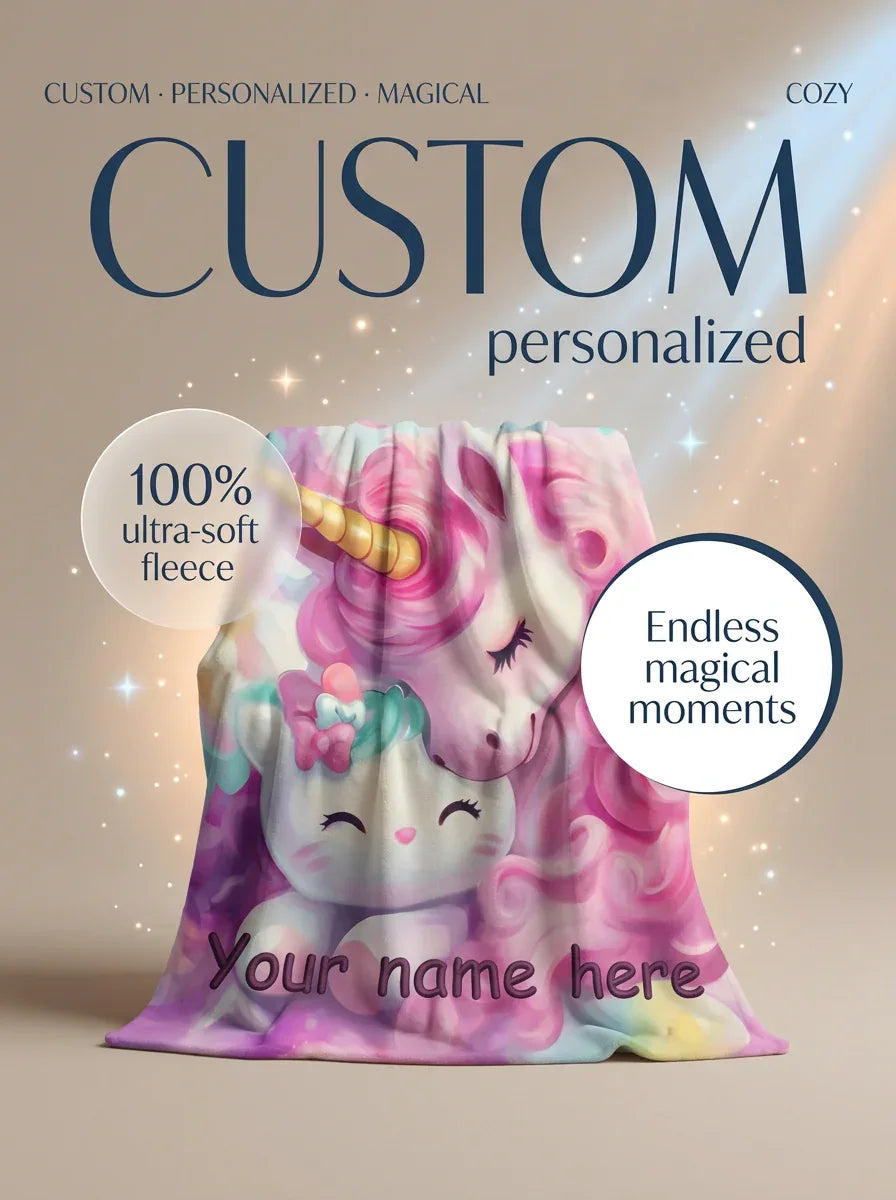 Personalized Unicorn Blanket | Custom Name | Dreamy Pink Unicorn Kawaii Kitty Pastel Rainbow Fleece Throw Gift