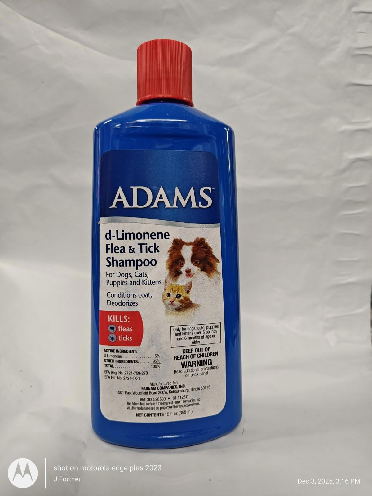 ADAMS d-Limonene Flea & Tick Shampoo for dogs and cats, effective formula in blue bottle.