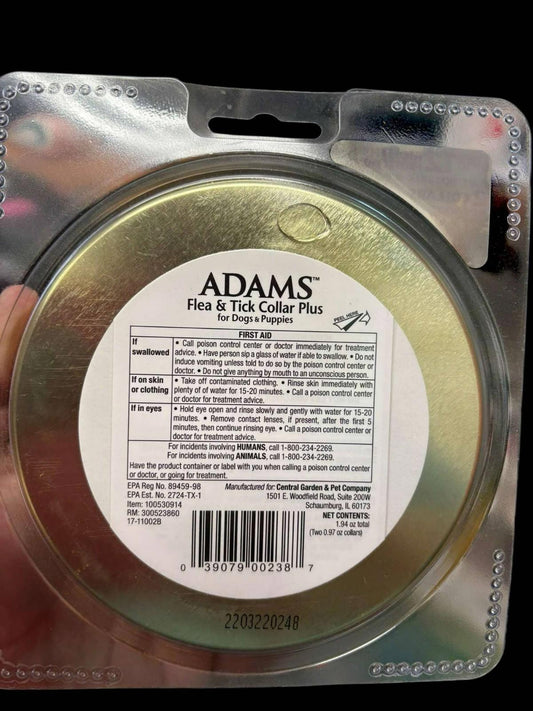 Adams Flea & Tick Collar Plus for dogs and puppies, featuring a detailed product label.