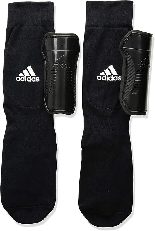 Adidas black soccer socks with shin guards for enhanced protection during play.