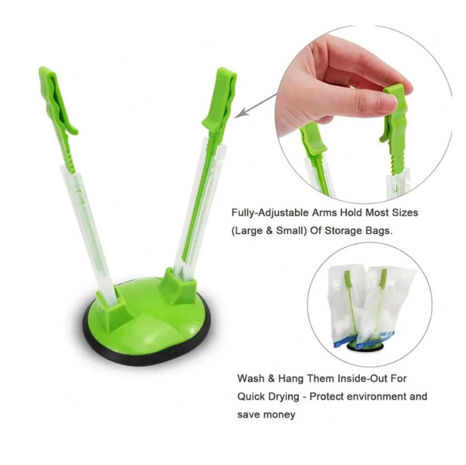 Storage Bag Holder with fully adjustable arms for various bag sizes, featuring a green base.