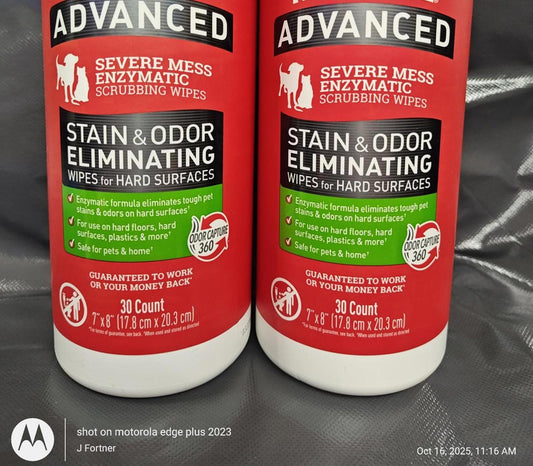 Advanced Stain & Odor Eliminating wipes for hard surfaces, 30 count, effective enzymatic scrubbing.