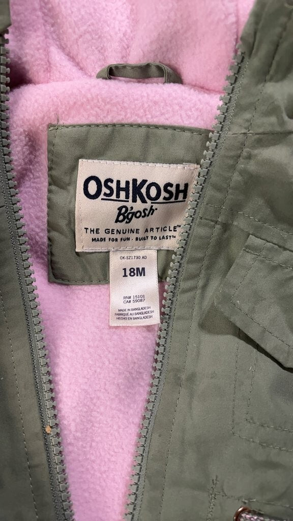 OshKosh B'gosh Infant Green Hooded Jacket with Pink Fleece Lining 18 months size