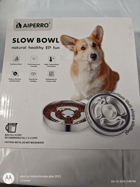 AIPERRO Slow Bowl designed for healthy eating, featuring a corgi and a stainless steel bowl.