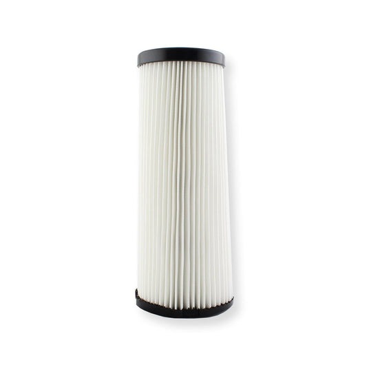 Air filter cartridge with pleated design for efficient filtration.