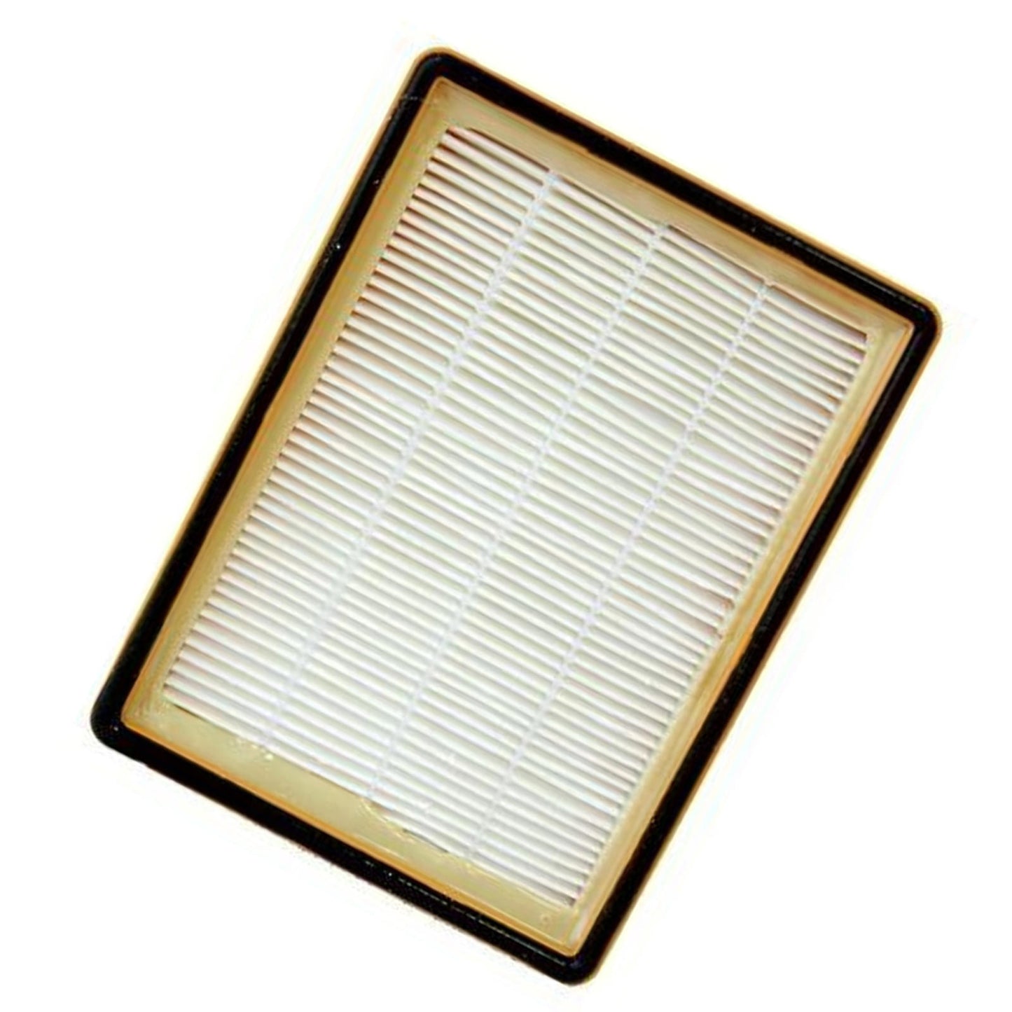 Air filter with a white pleated design and black frame for optimal airflow.