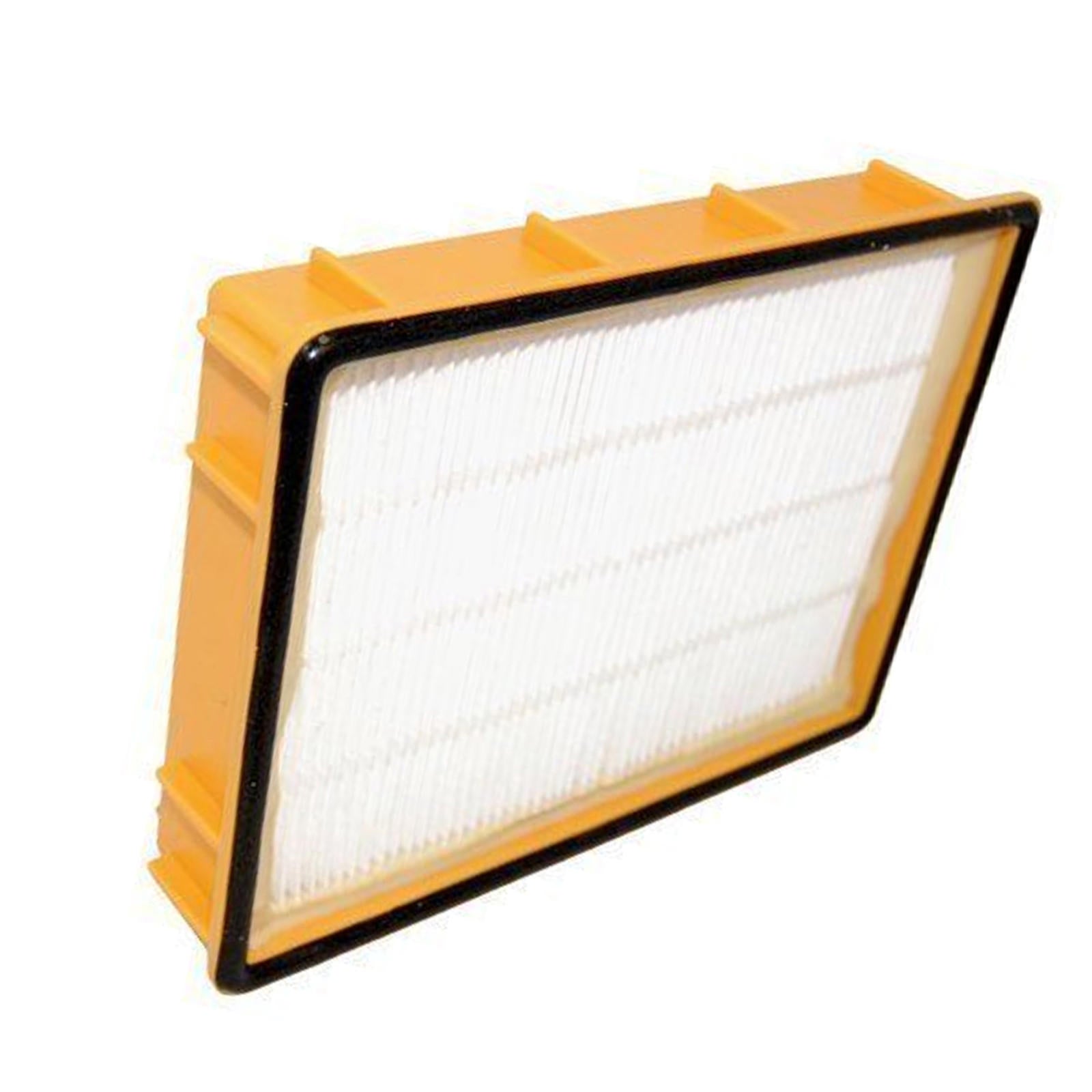 Air filter with a yellow frame and white filter material for optimal engine performance.