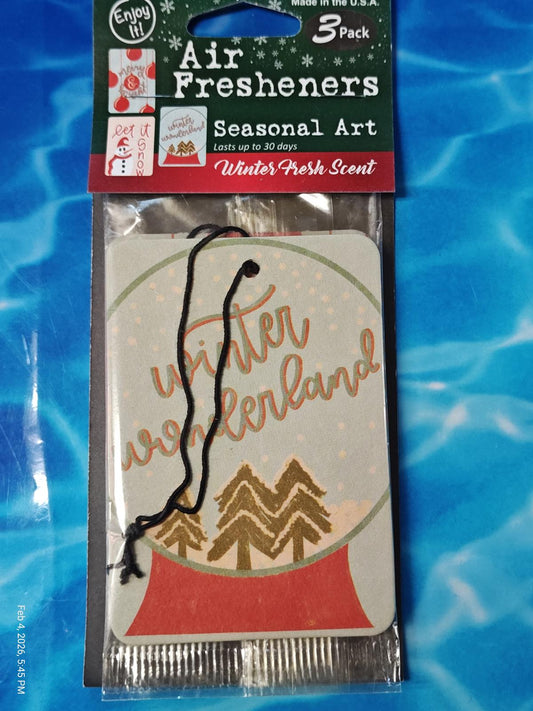 Air Fresheners 3 pack featuring winter wonderland design and winter fresh scent.