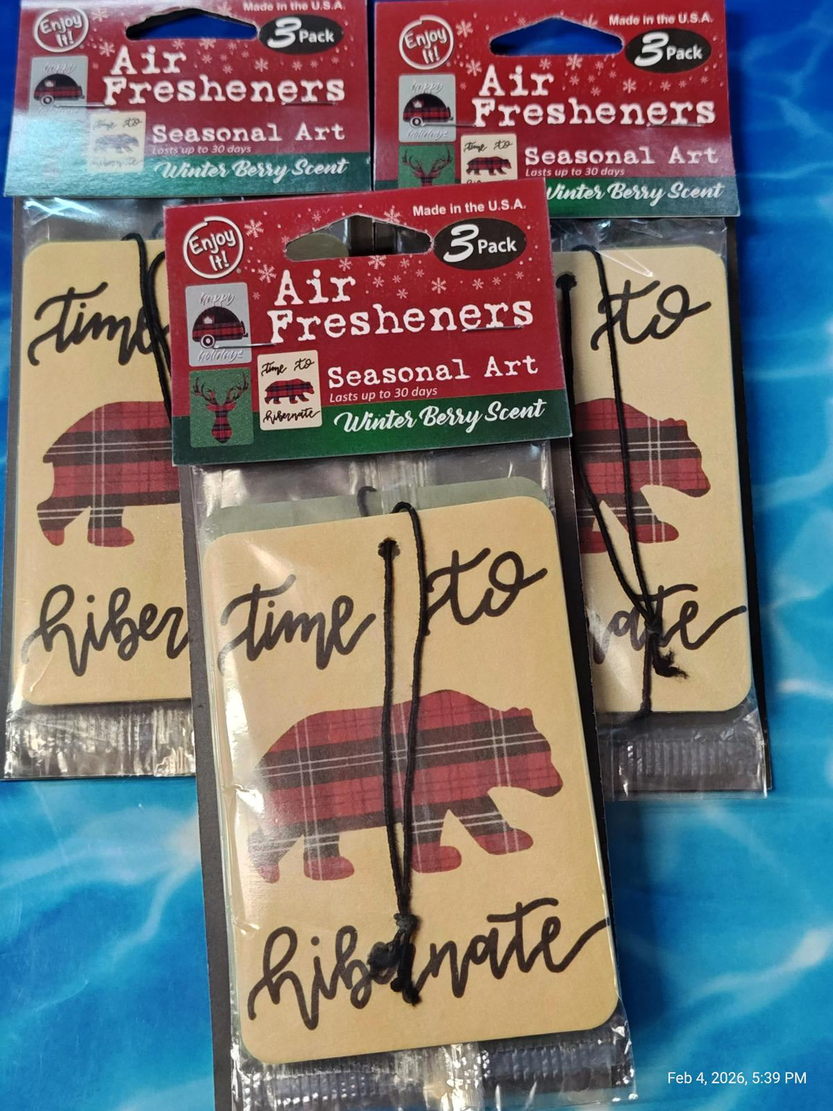 Air Fresheners featuring seasonal art with a bear design and the phrase 'time to hibernate'.