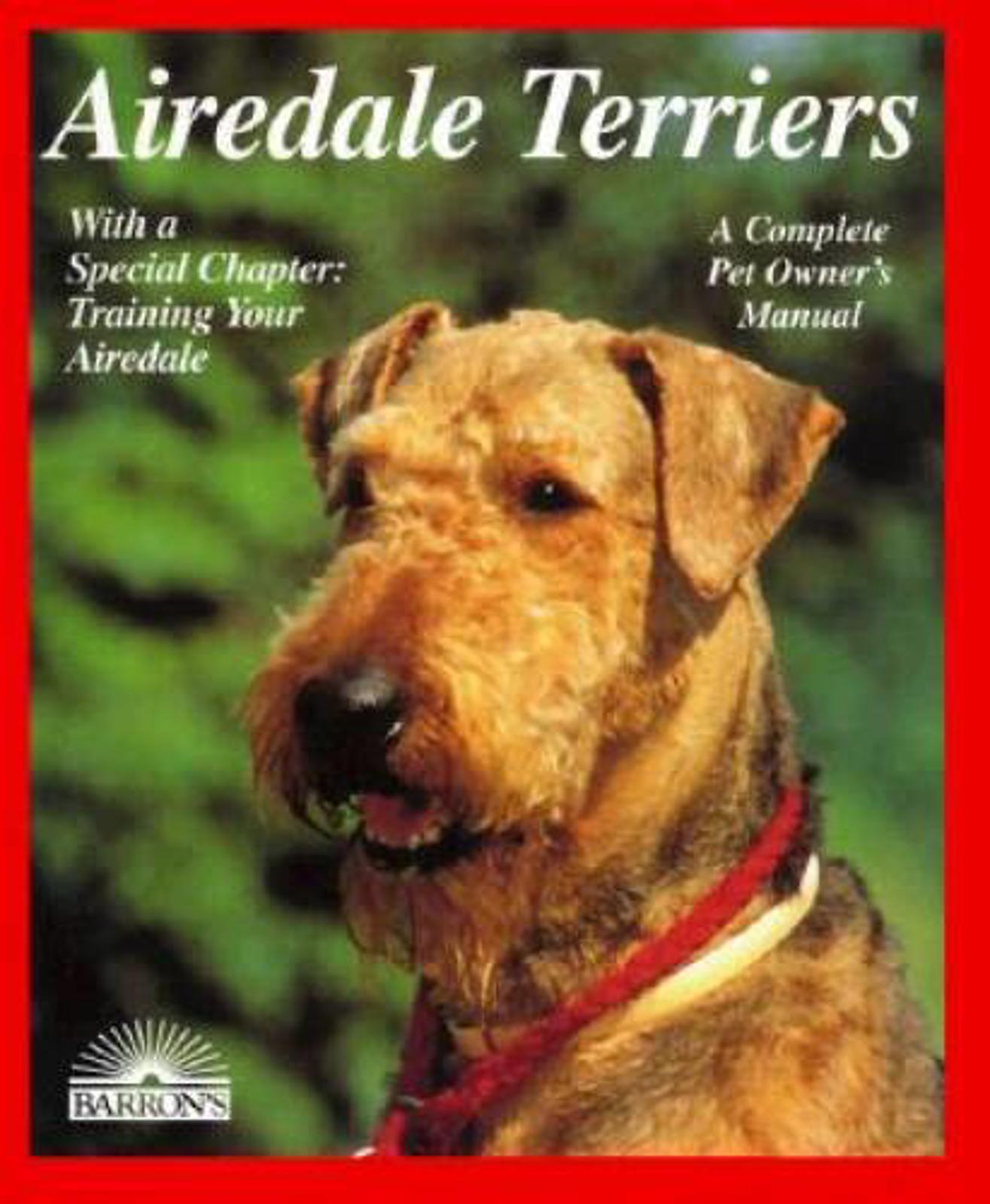 Airedale Terriers book cover featuring a close-up of an Airedale dog with a red background.