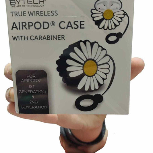 AirPod® case with carabiner featuring a daisy design, ideal for first and second generation AirPods.