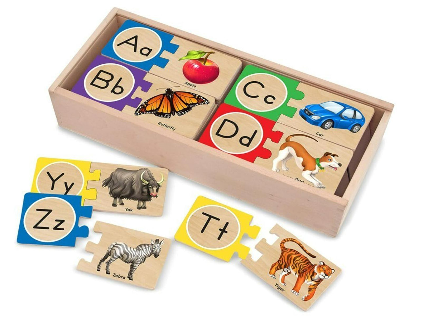 Alphabet puzzle set featuring colorful letters and images like a butterfly and apple.