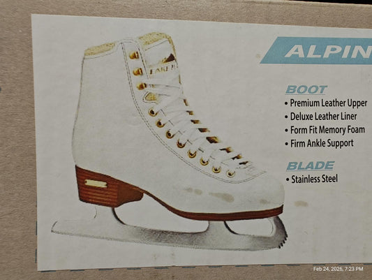 Alpine ice skates featuring a premium leather upper and stainless steel blade.