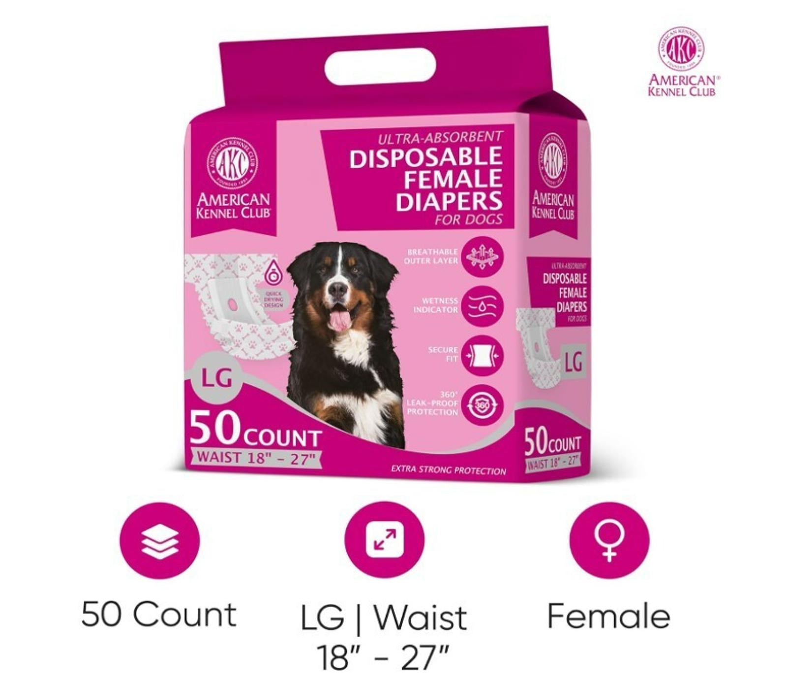American Kennel Club disposable female diapers for dogs, large size, 50 count pack.