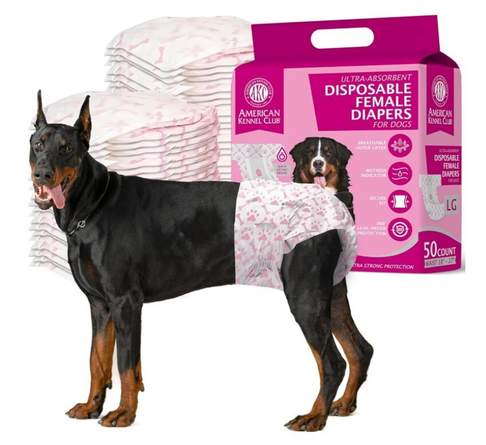 American Kennel Club disposable female diapers for dogs, featuring a Doberman wearing a diaper.
