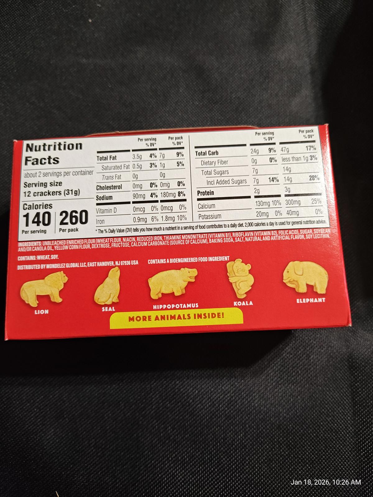 Animal Crackers box featuring lion, bear, and elephant shapes with nutrition facts.