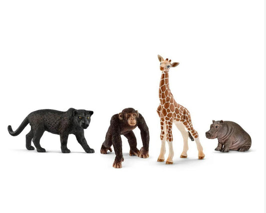 Animal Figurines Set includes a giraffe, chimpanzee, panther, and hippopotamus.