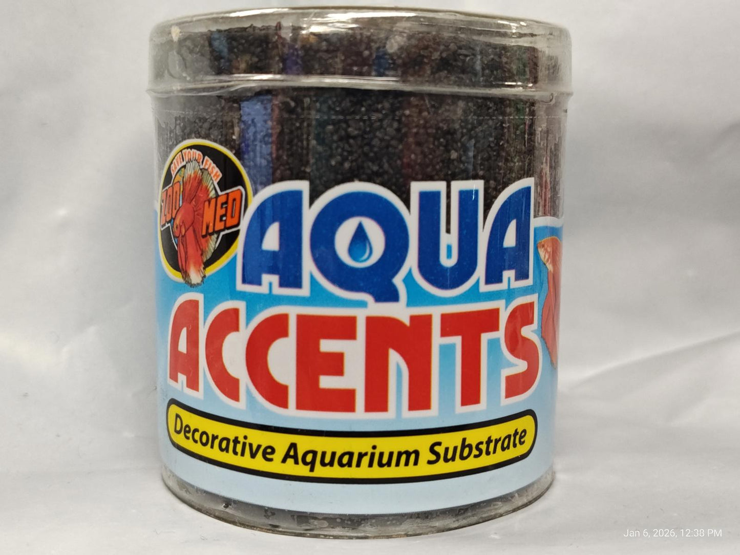 Aqua Accents decorative aquarium substrate in a clear container with vibrant blue and red labeling.