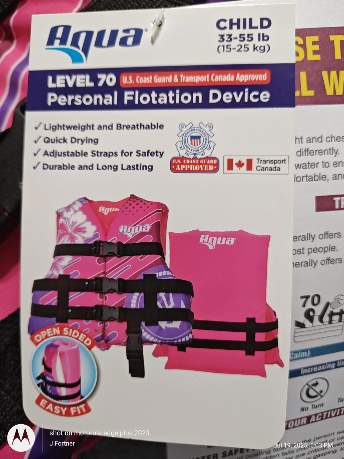 Aqua Child Personal Flotation Device in pink with adjustable straps and safety features.