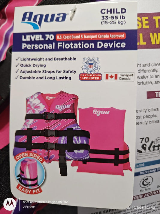 Aqua Child Personal Flotation Device in pink with adjustable straps and safety features.