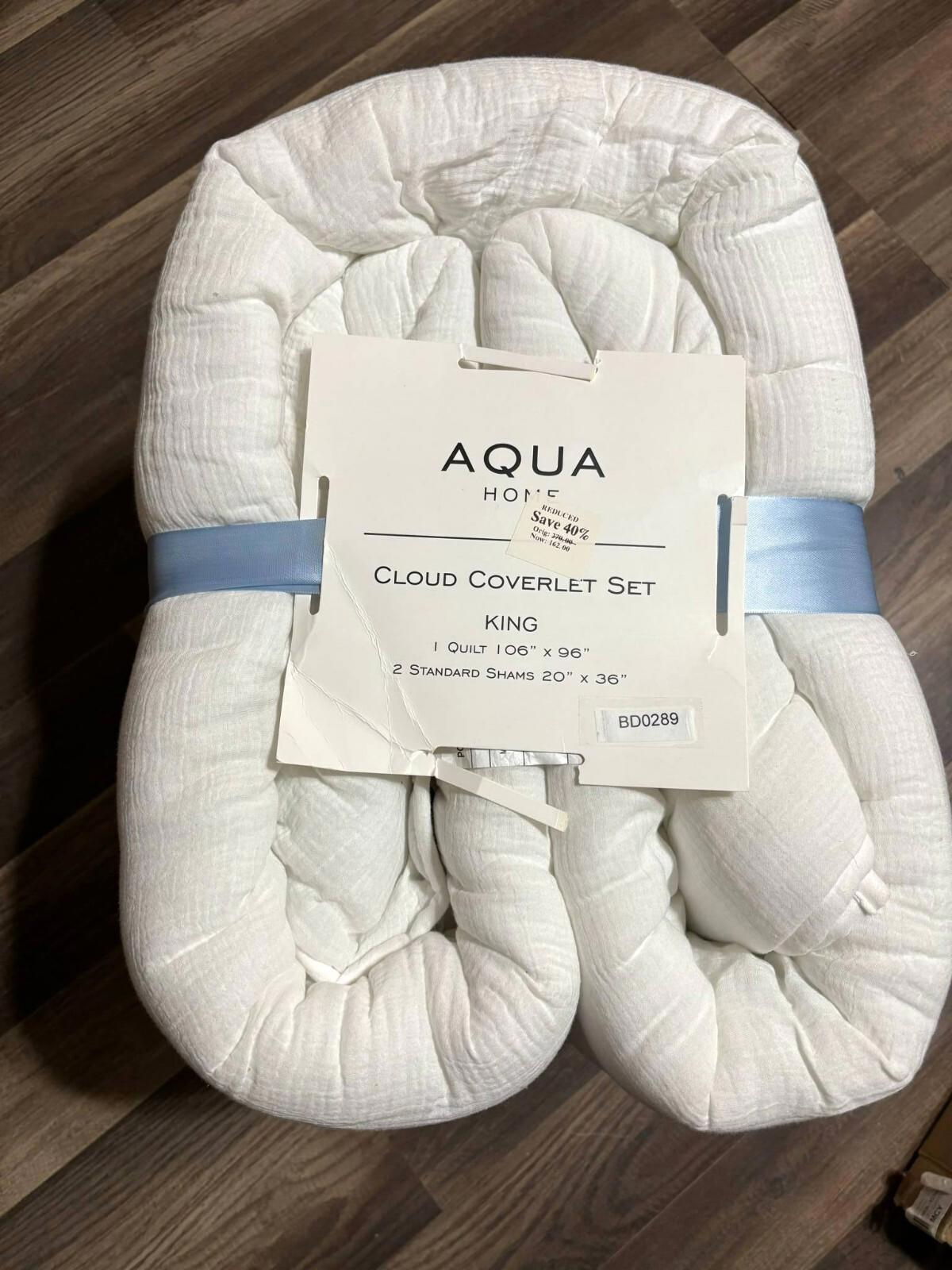 Aqua Home Cloud Coverlet Set in king size, featuring a soft white design and elegant packaging.