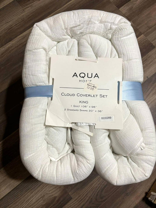 Aqua Home Cloud Coverlet Set in king size, featuring a soft white design and elegant packaging.