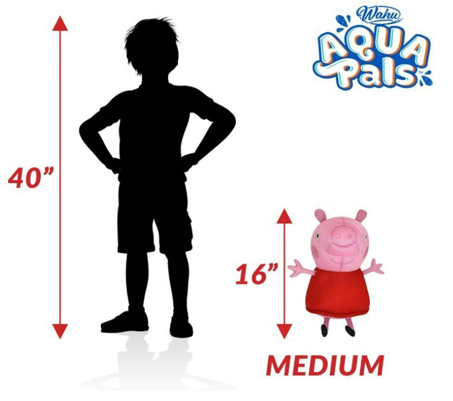 Aqua Pals Peppa Pig plush toy, 16 inches tall, perfect for kids. Soft and cuddly design.