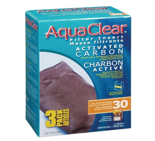 AquaClear activated carbon filter insert pack of three for aquarium filtration.
