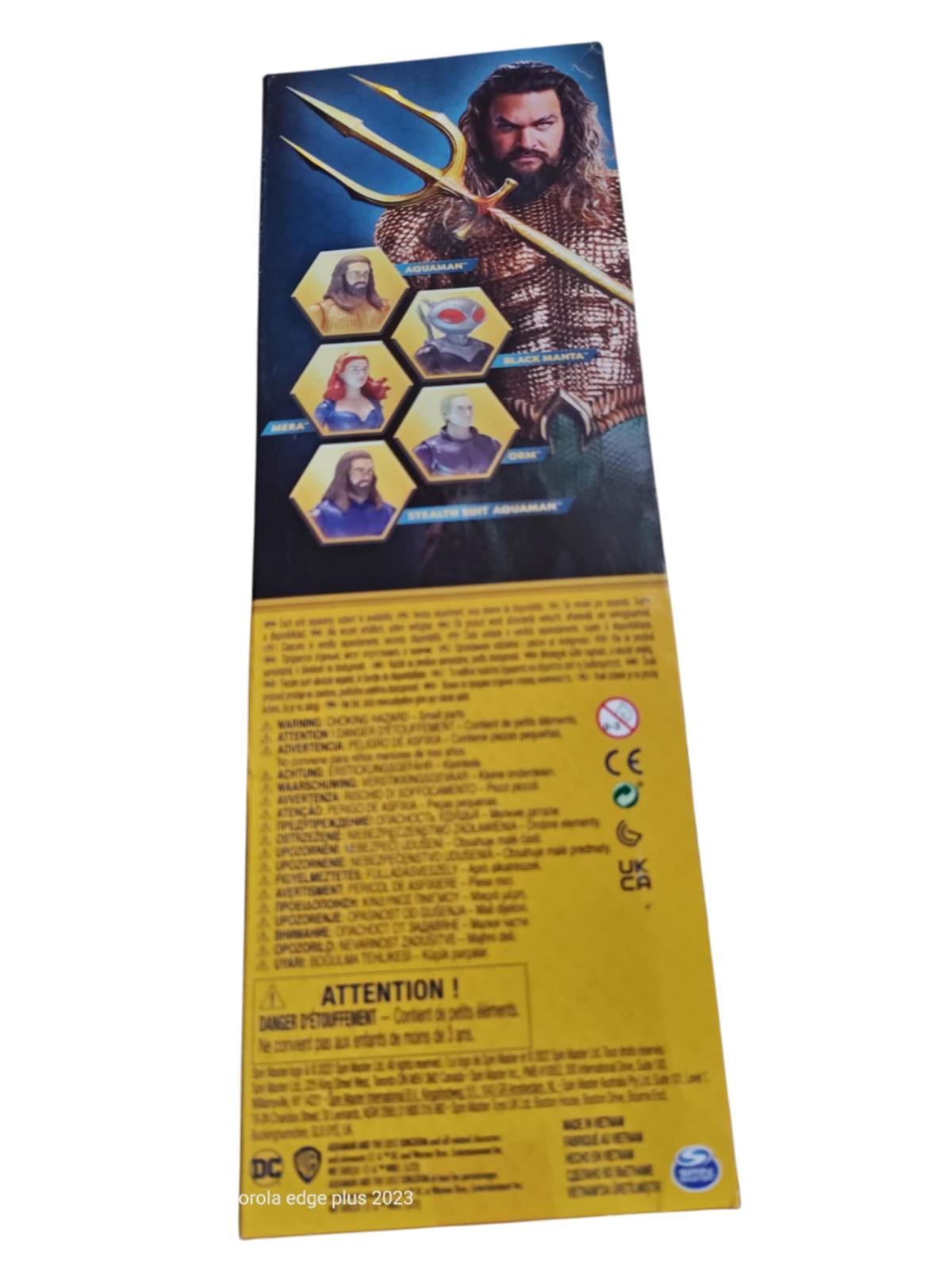 Aquaman action figure packaging featuring character details and images of Aquaman and allies.