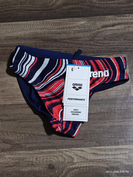 Arena swim briefs featuring a vibrant red and navy striped design, perfect for performance swimming.