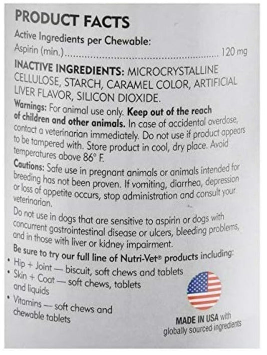 Nutri-Vet Aspirin Chewable Tablets for dogs, 120 mg, with caramel flavor and soft chew texture.