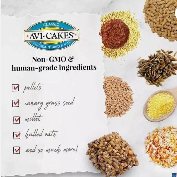 Avi-Cakes gourmet bird food featuring non-GMO ingredients like pellets, canary grass seed, and hulled oats.