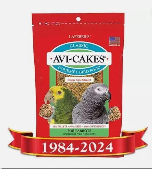 Avi-Cakes gourmet bird food for parrots featuring colorful pellets and a blend of nutrients.