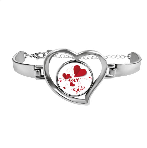 Personalized Name Heart Bangle Bracelet | Custom Name Love Charm in Open Heart | Silver