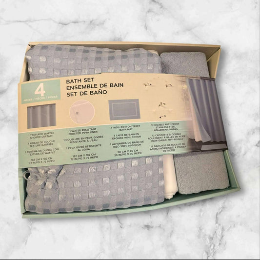 4 Pc Bath Set  Curtain, Liner, Hooks, and Bath Mat - Grey small thread pull