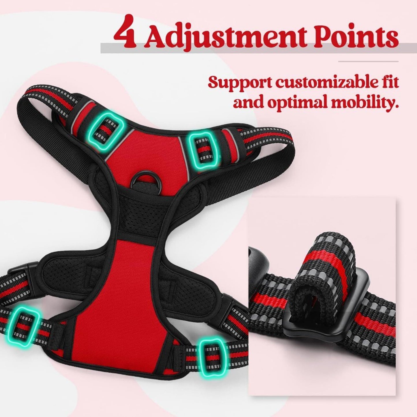 No Pull Dog Harness Adj. Reflective Control Handle MEDIUM Red/TEAL