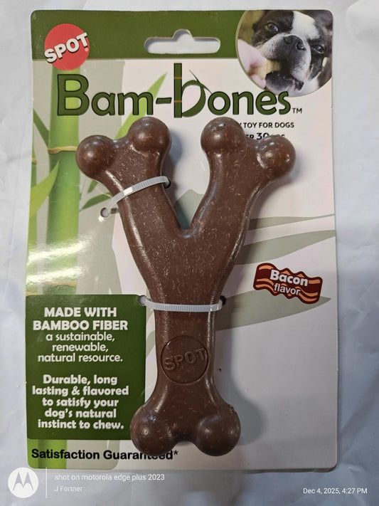 Bam-bones dog toy made from bamboo fiber, featuring a bacon flavor and durable design.