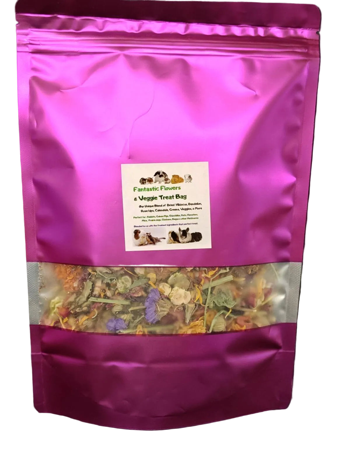 Pink bag of pet treats with a label on a black background