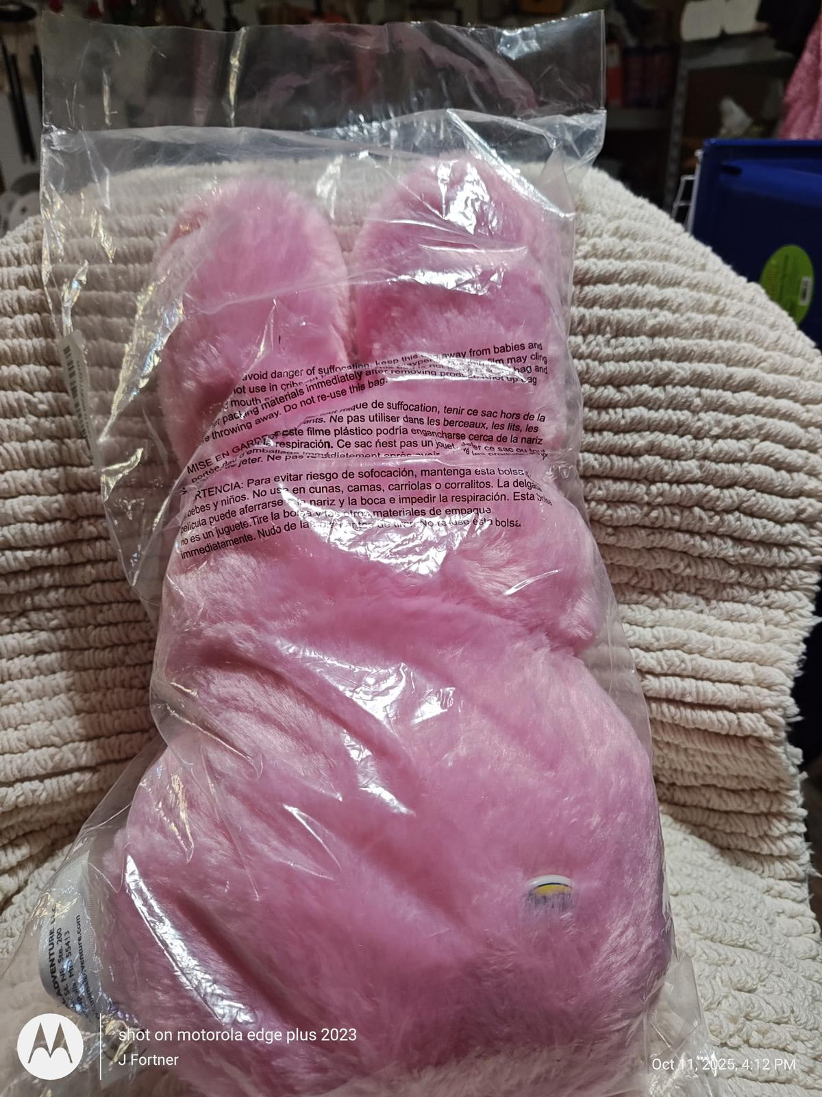 Pink Bunny Plush Toy in packaging, soft and fluffy texture.