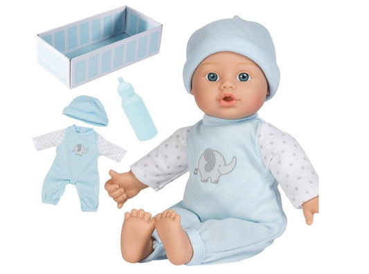 Baby Doll with blue outfit and elephant design, includes bottle and hat.