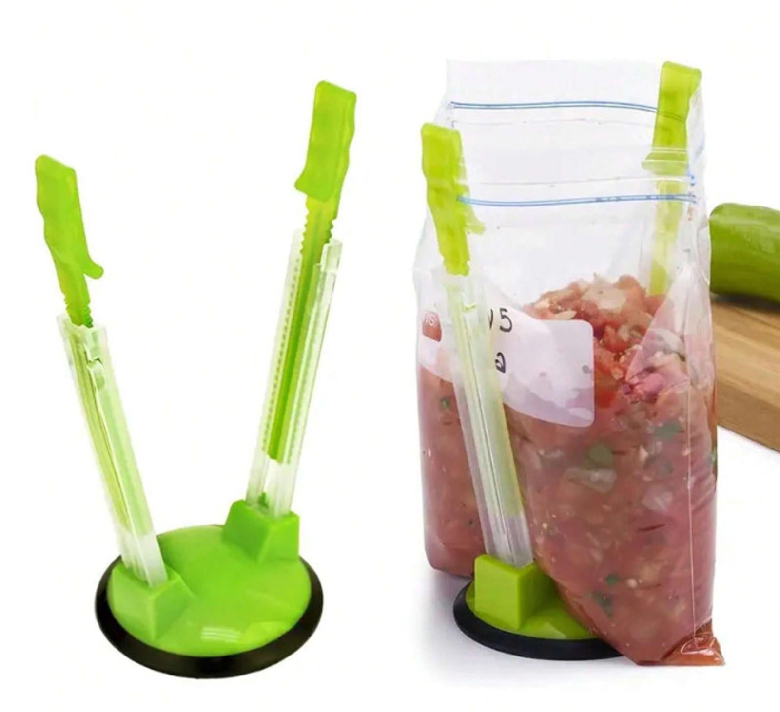 Bag sealing clips for food storage, featuring green handles and a sturdy base.