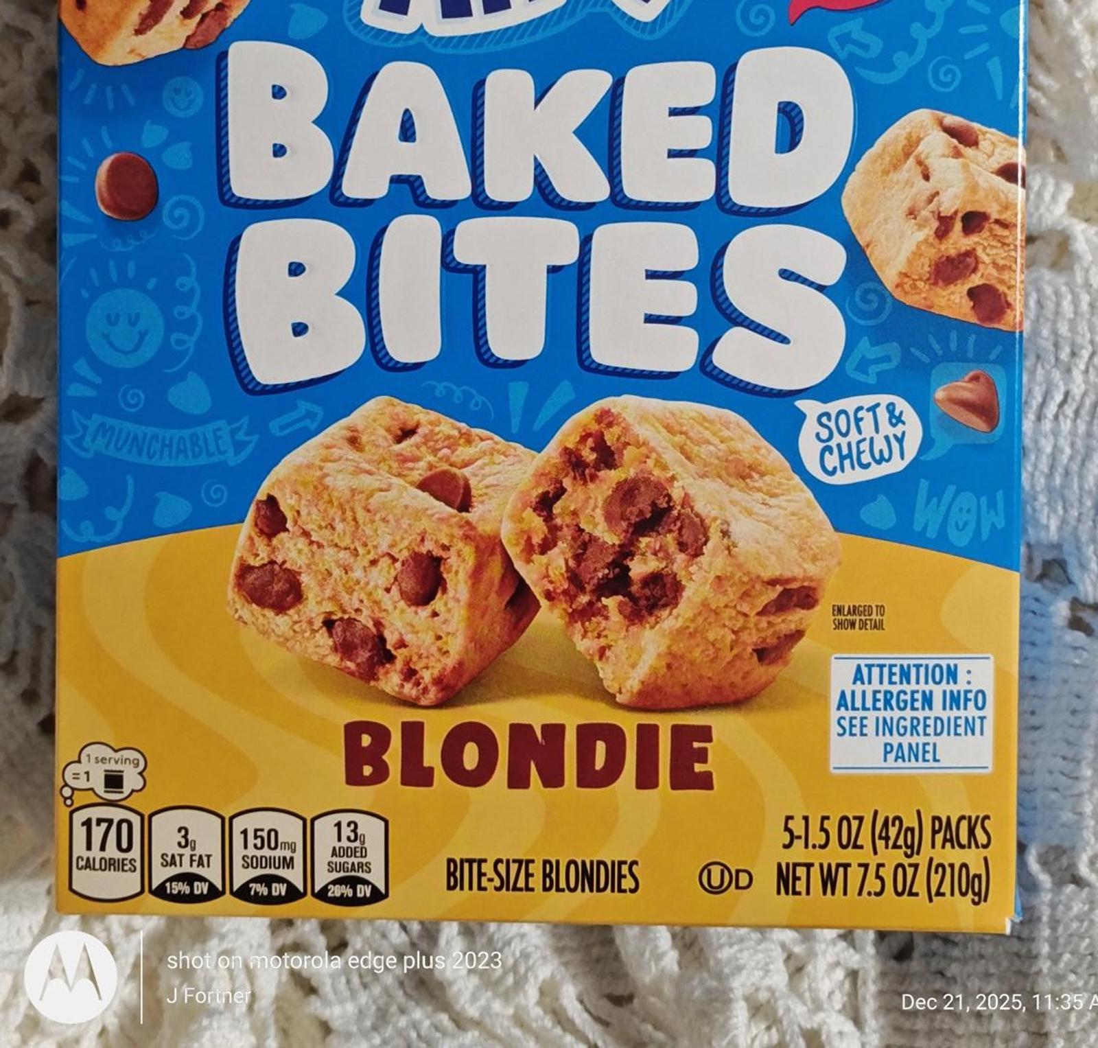 Baked Bites Blondie featuring soft and chewy bite-size blondies with chocolate chips.