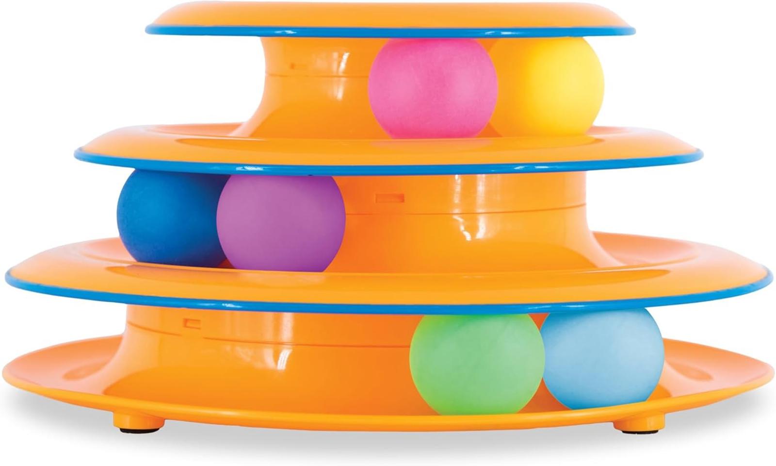 Colorful Ball Tower Toy with pink, purple, yellow, and green balls on orange tiers.
