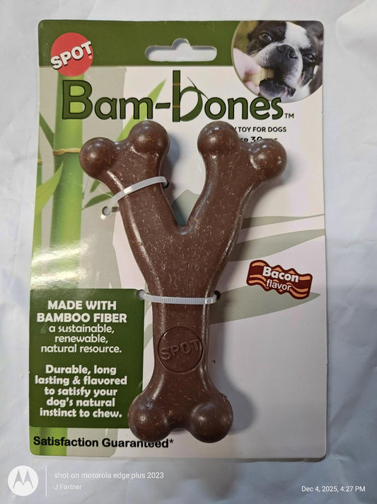 Bam-Bones dog toy made from bamboo fiber, shaped like a Y, with a bacon flavor.