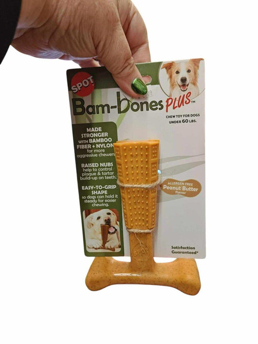 Bam-Bones Plus chew toy for dogs, made with durable materials and peanut butter flavor.