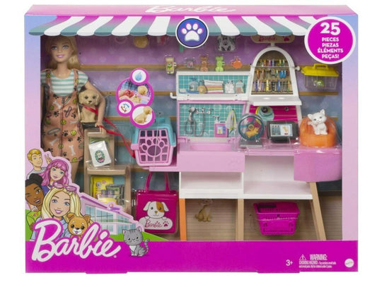 Barbie pet shop playset featuring 25 accessories, including a counter, pet toys, and a cute dog.