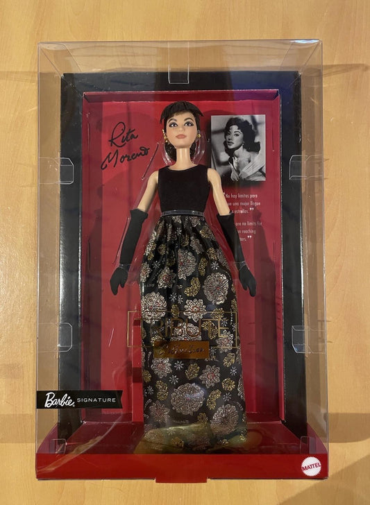 Barbie Signature Rita Moreno doll in elegant black and floral gown with gloves.