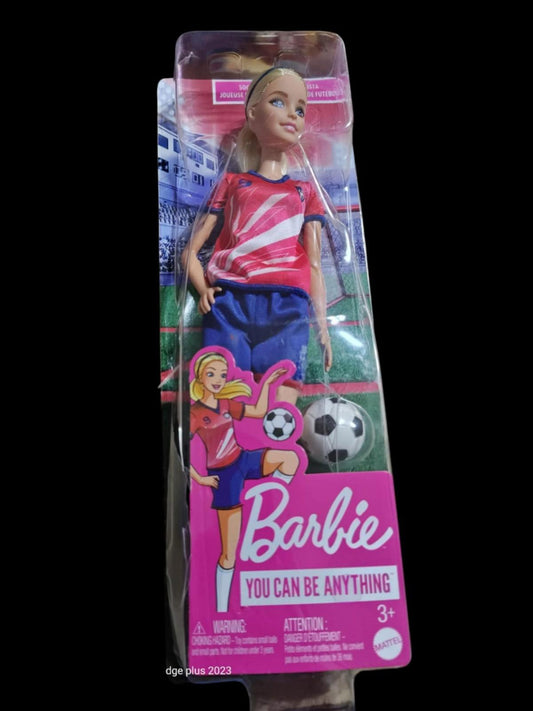 Barbie You Can Be Anything soccer doll in sports attire with a soccer ball.